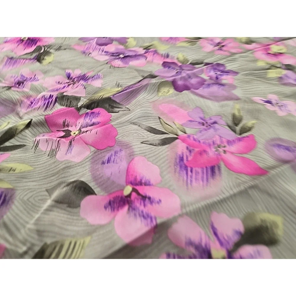 Silk Chiffon Scarf Floral Rolled Green Lavender Pink‎ 39